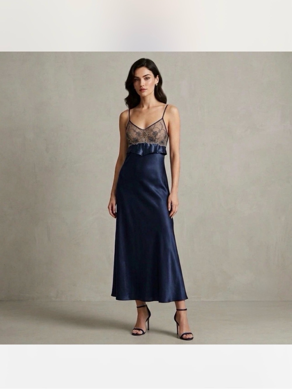 Satin Lace-Top Slip Dress in Navy